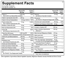 Load image into Gallery viewer, Supplement Facts for MitoENERGY: Contains vitamins A, C, D3, B1, B2, B6, B12, Folate, and biotin. Includes N-Acetyl-Cysteine, Acetyl L-Carnitine, Alpha Lipoic Acid, and Green Tea Extract for energy, immune, and detox support. Serving size: 4 capsules.
