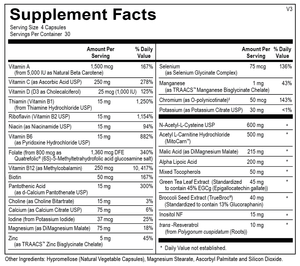 Supplement Facts for MitoENERGY: Contains vitamins A, C, D3, B1, B2, B6, B12, Folate, and biotin. Includes N-Acetyl-Cysteine, Acetyl L-Carnitine, Alpha Lipoic Acid, and Green Tea Extract for energy, immune, and detox support. Serving size: 4 capsules.